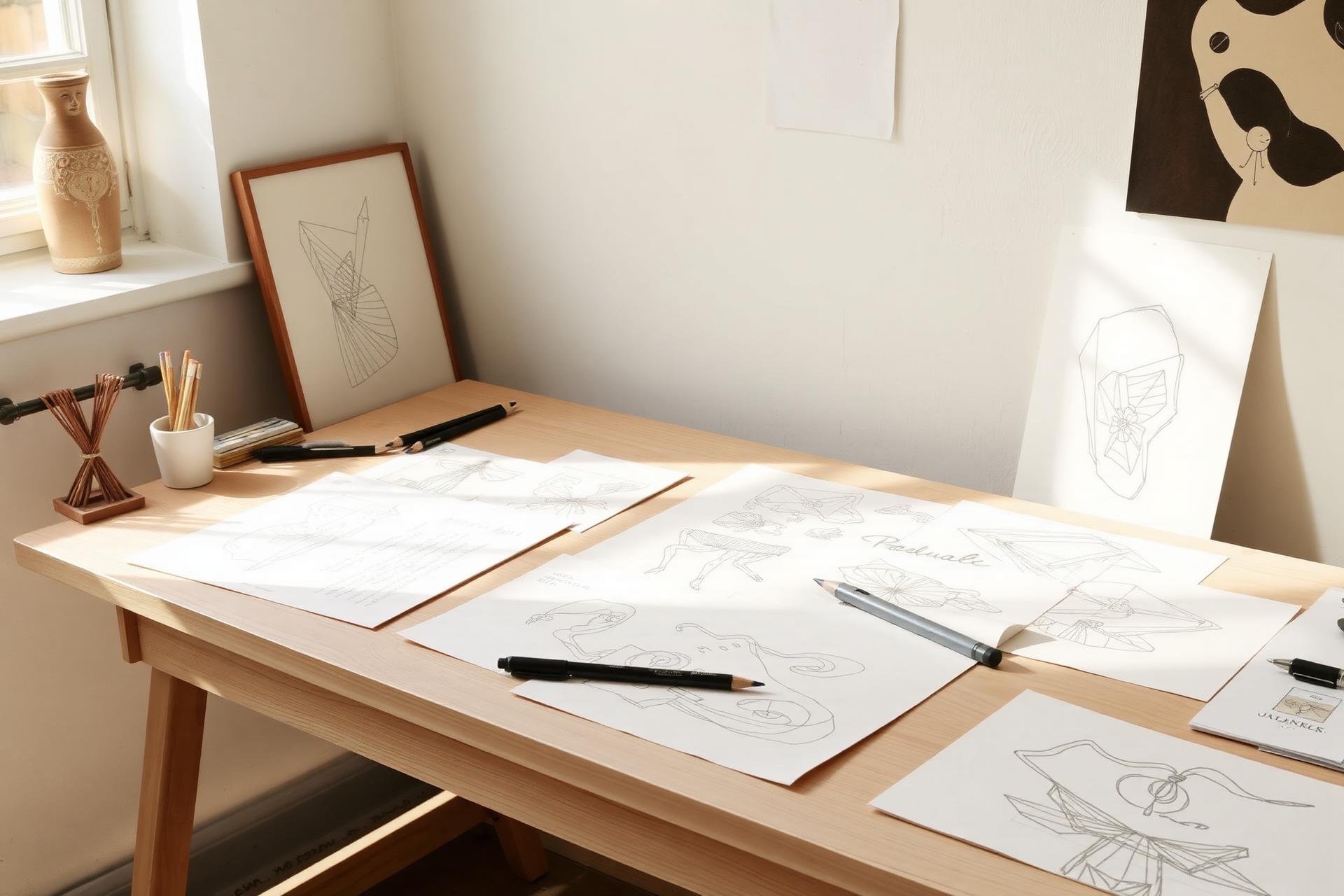 Mila Moroko's studio desk covered in hand-drawn sketches